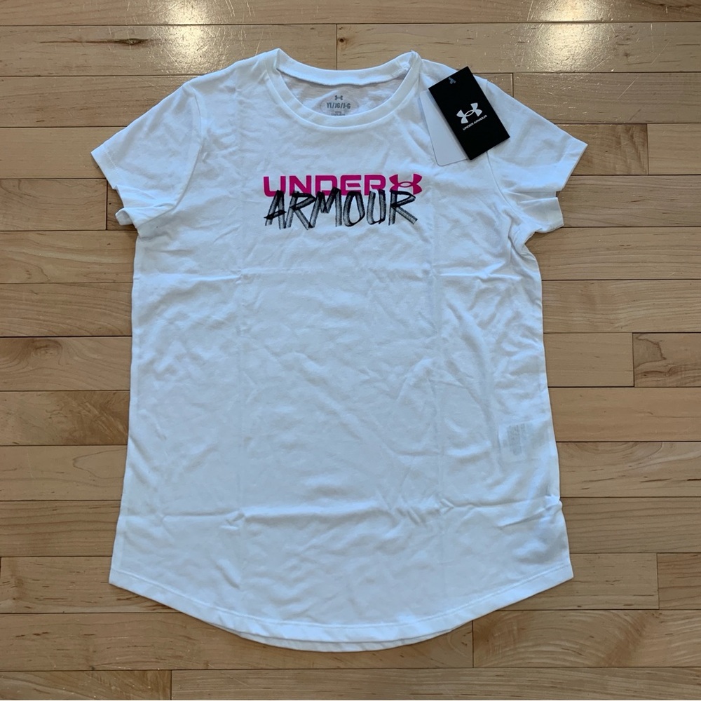 New! Under Armour youth girls size large 14 white athletic short sleeve shirt